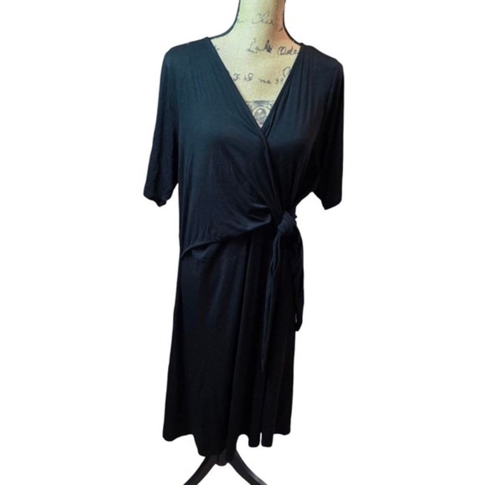 Tahari Womens Plus 2X‎ Black Faux Wrap Midi Dress Short Sleeve Side Tie Stretch